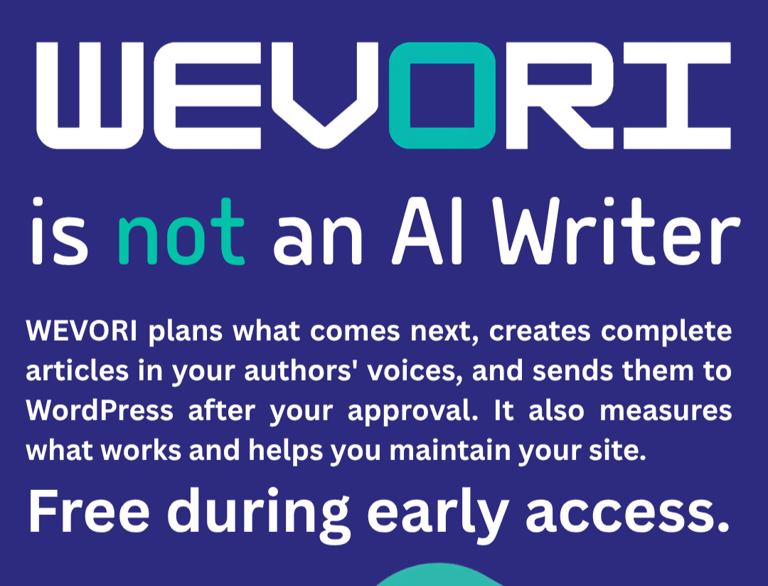 Banner showing 'WEVORTI is not an AI Writer' on a dark blue background with descriptive paragraph about planning articles and free early access.