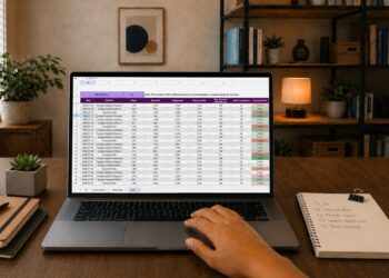 Small business owner reviewing revenue goals on a laptop spreadsheet