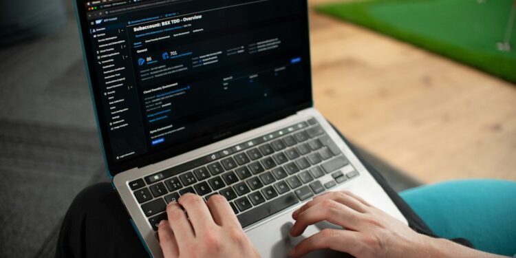 Web administrator checking DNS propagation status on a laptop